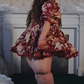 Attractive Square Neck Homecoming Dress Red Long Sleeve Floral A-Line Birthday Dress D0440