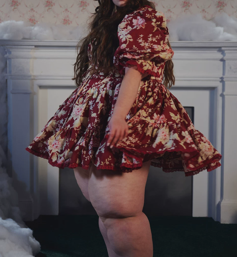 Attractive Square Neck Homecoming Dress Red Long Sleeve Floral A-Line Birthday Dress D0440