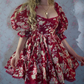 Attractive Square Neck Homecoming Dress Red Long Sleeve Floral A-Line Birthday Dress D0440