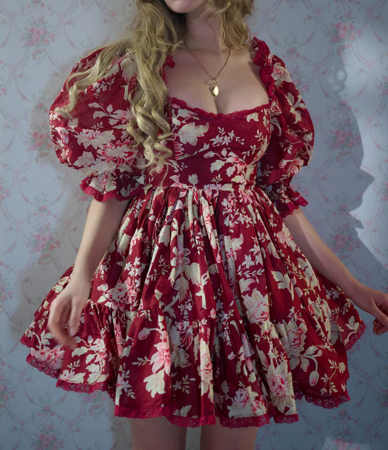 Attractive Square Neck Homecoming Dress Red Long Sleeve Floral A-Line Birthday Dress D0440