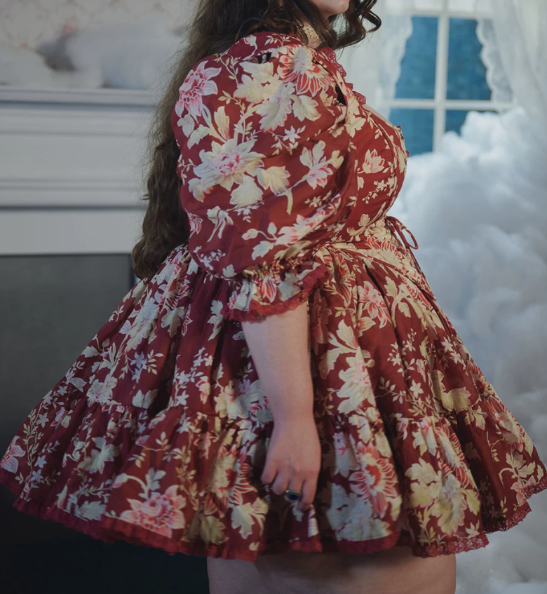 Attractive Square Neck Homecoming Dress Red Long Sleeve Floral A-Line Birthday Dress D0440