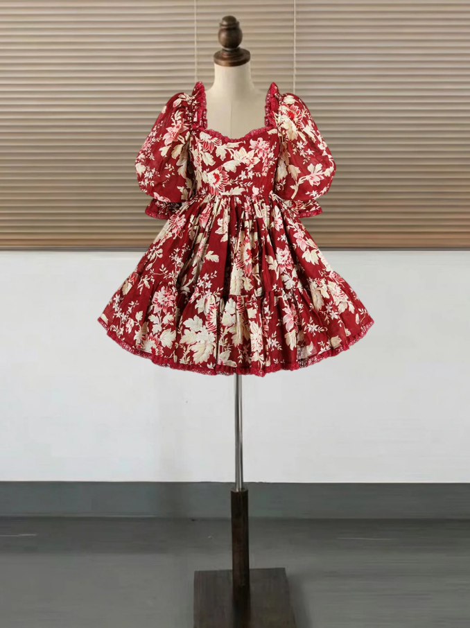 Attractive Square Neck Homecoming Dress Red Long Sleeve Floral A-Line Birthday Dress D0440