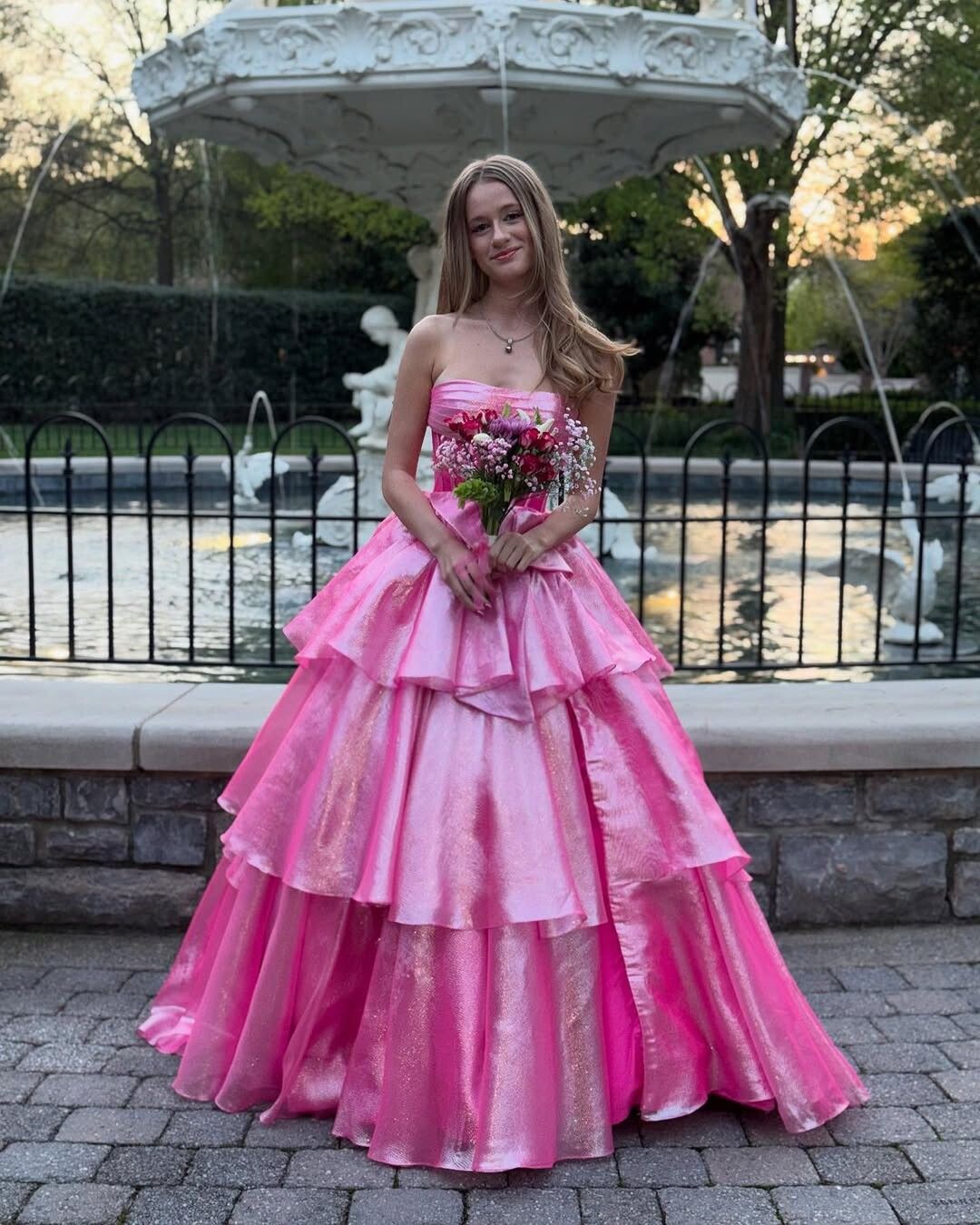 Ornate Strapless Tiered Prom Dress Hot Pink A-Line Evening Dress D0447
