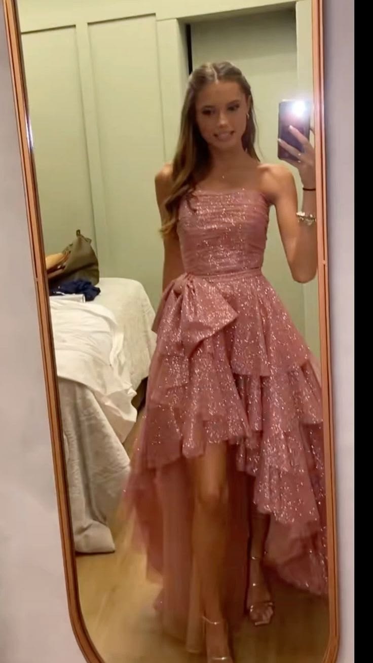 Sparkling Strapless Pink Homecoming Dress Sequins Tiered A-Line Birthday Dress D0449