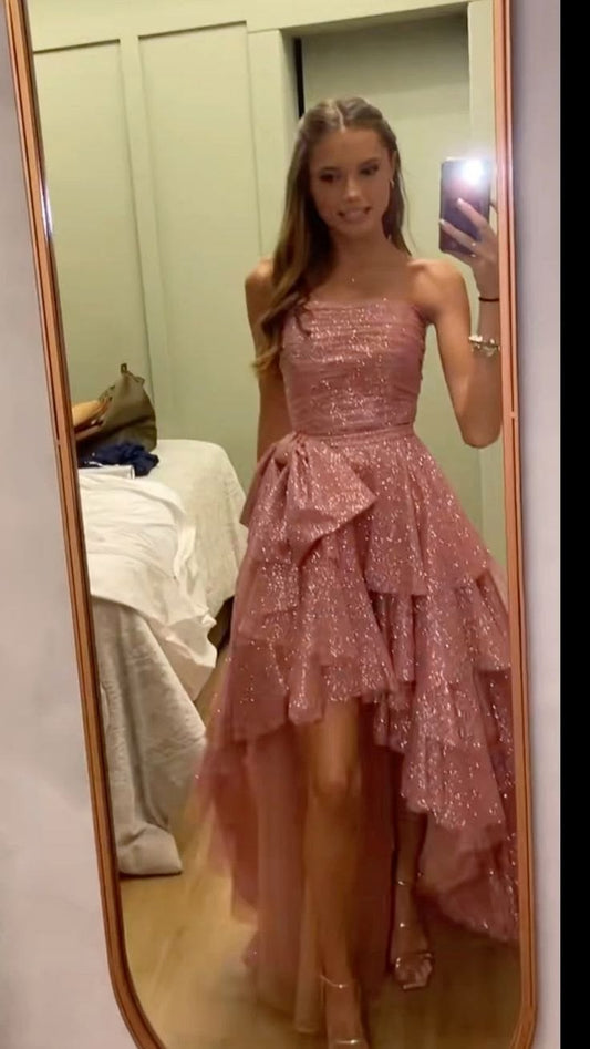 Sparkling Strapless Pink Homecoming Dress Sequins Tiered A-Line Birthday Dress D0449
