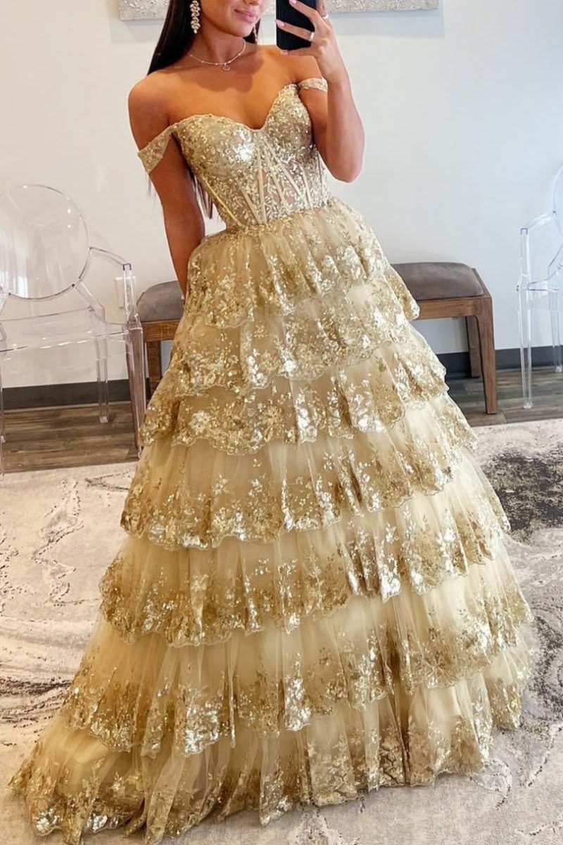 Vintage Off The Shoulder Prom Dress Gold Sequins Tiered A-Line Evening Dress D0450