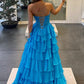 Retro Strapless Blue Prom Dress Sequins Tiered A-Line Evening Dress D0451