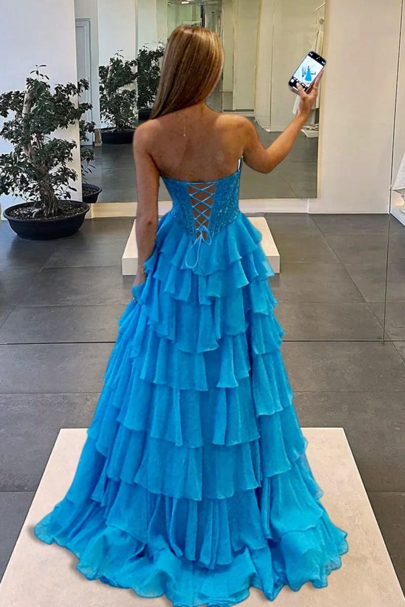 Retro Strapless Blue Prom Dress Sequins Tiered A-Line Evening Dress D0451