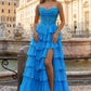 Retro Strapless Blue Prom Dress Sequins Tiered A-Line Evening Dress D0451