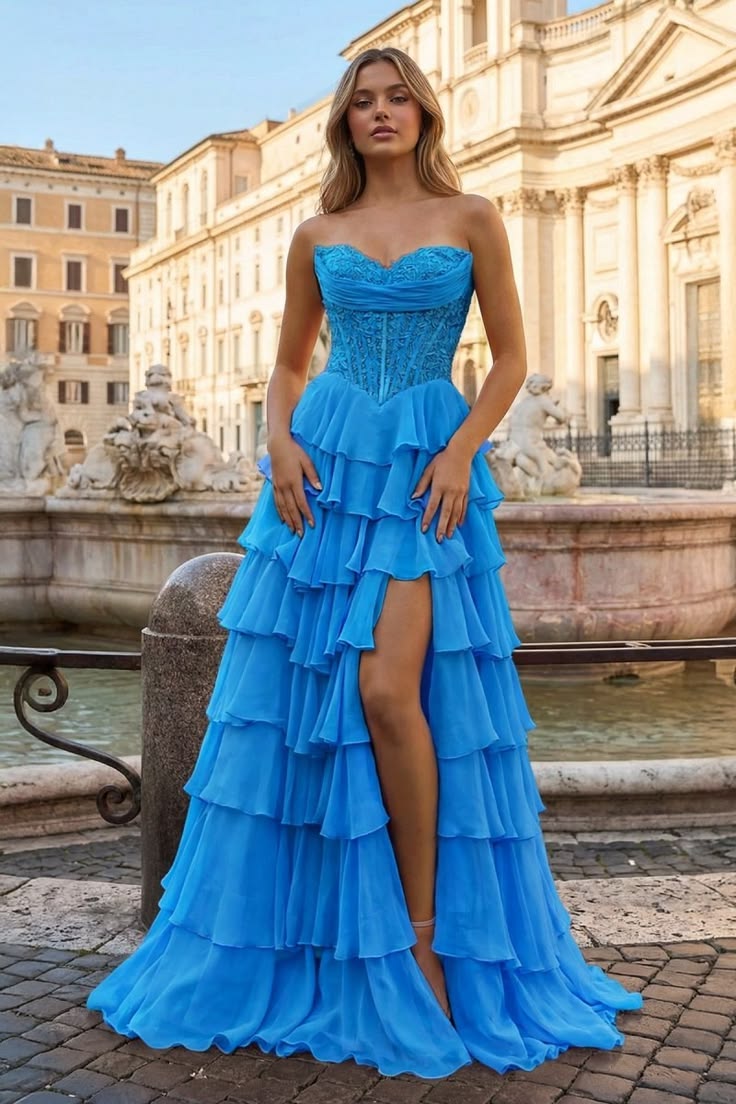 Retro Strapless Blue Prom Dress Sequins Tiered A-Line Evening Dress D0451