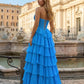 Retro Strapless Blue Prom Dress Sequins Tiered A-Line Evening Dress D0451