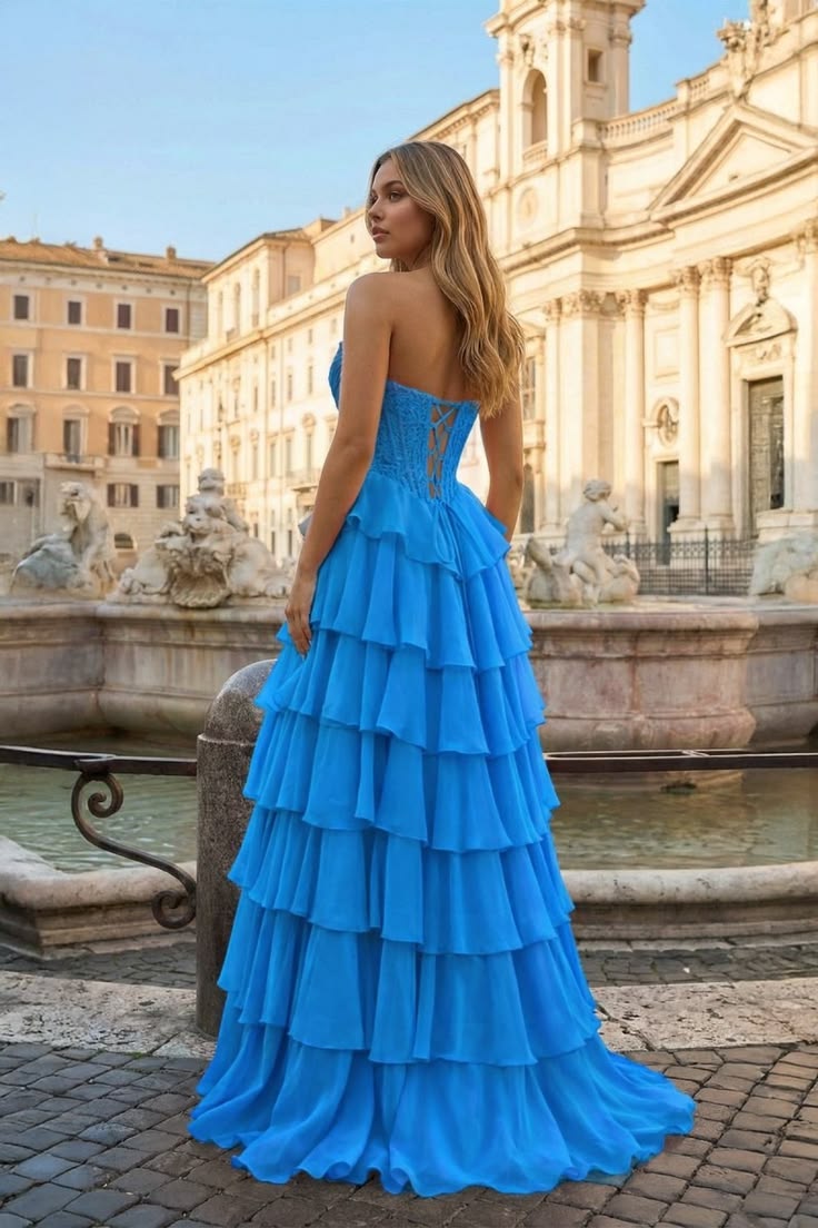 Retro Strapless Blue Prom Dress Sequins Tiered A-Line Evening Dress D0451