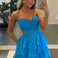 Retro Strapless Blue Prom Dress Sequins Tiered A-Line Evening Dress D0451