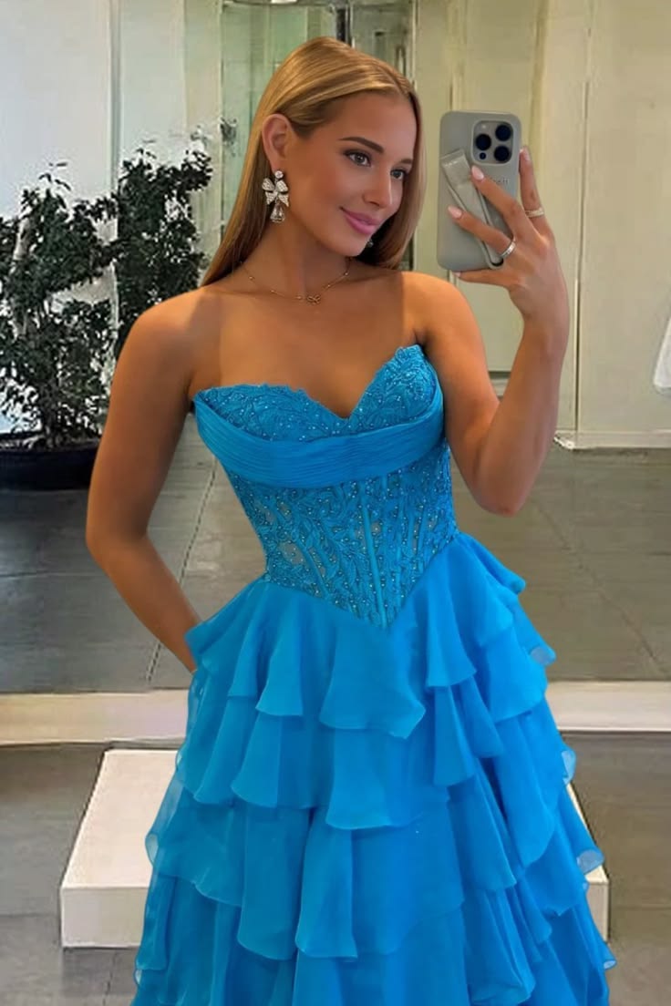 Retro Strapless Blue Prom Dress Sequins Tiered A-Line Evening Dress D0451