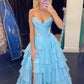 Retro Strapless Blue Prom Dress Sequins Tiered A-Line Evening Dress D0451