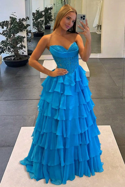 Retro Strapless Blue Prom Dress Sequins Tiered A-Line Evening Dress D0451