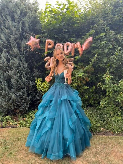 Robe de bal de princesse bustier à volants en satin long, robe de soirée C8117