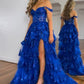 Attractive Off The Shoulder Prom Dress Slit Sequins Tiered A-Line Evening Dress D0455