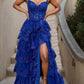 Attractive Off The Shoulder Prom Dress Slit Sequins Tiered A-Line Evening Dress D0455