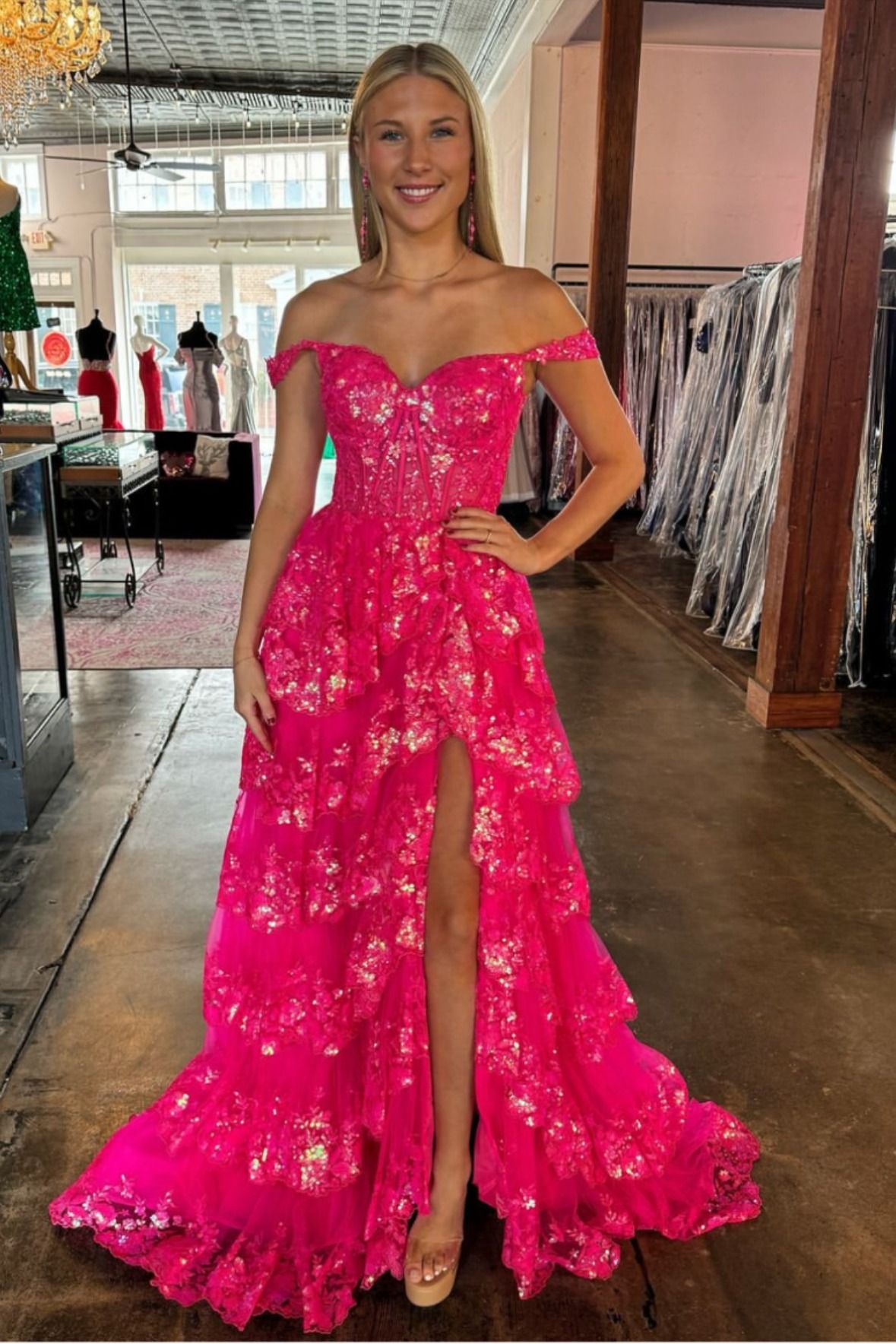 Attractive Off The Shoulder Prom Dress Slit Sequins Tiered A-Line Evening Dress D0455