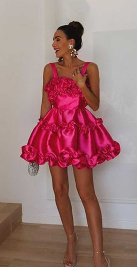 Y2K Spaghetti Straps Homecoming Dress Pink Satin A-Line Birthday Dress D0457