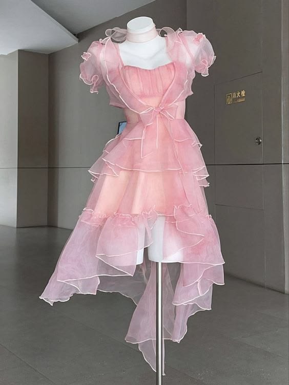 Cute Square Neck Homecoming Dress Pink Ruffles A-Line Birthday Dress D0458