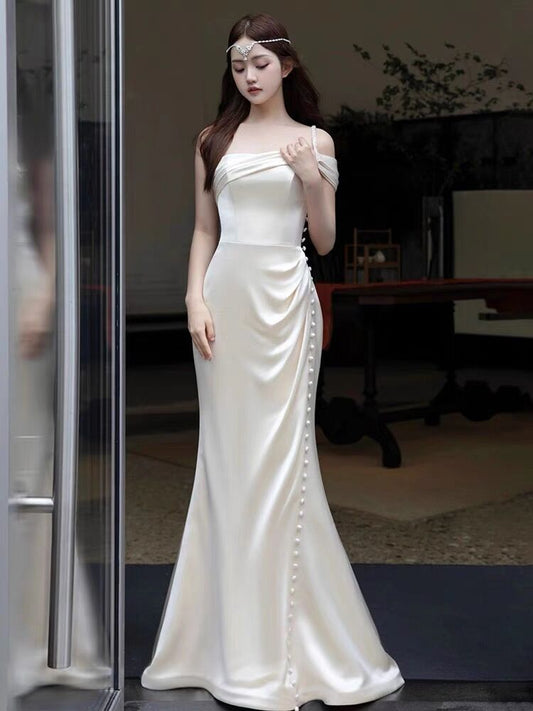 Vintage Mermaid Sleeveless Silk Satin Long Prom Dresses D046