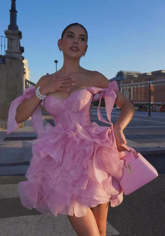 Fascinating Off The Shoulder Homecoming Dress Pink Ruffles A-Line Birthday Dress D0463