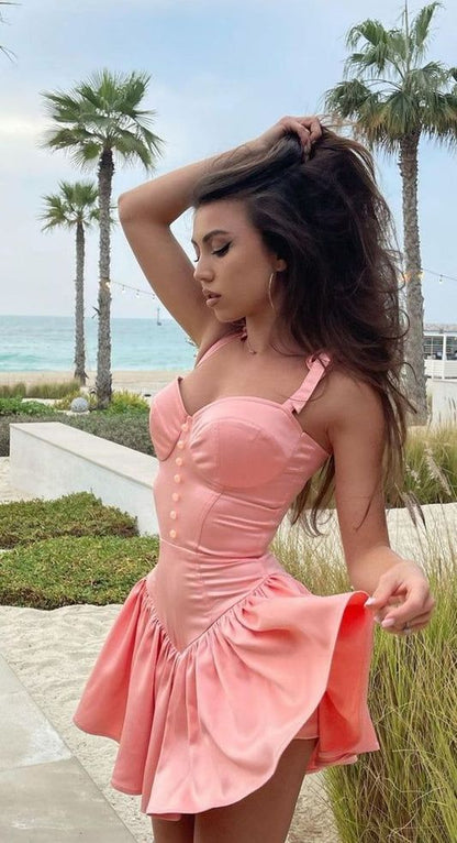 Mini robe de soirée en satin, sans bretelles, sans manches, ligne a, simple, C899