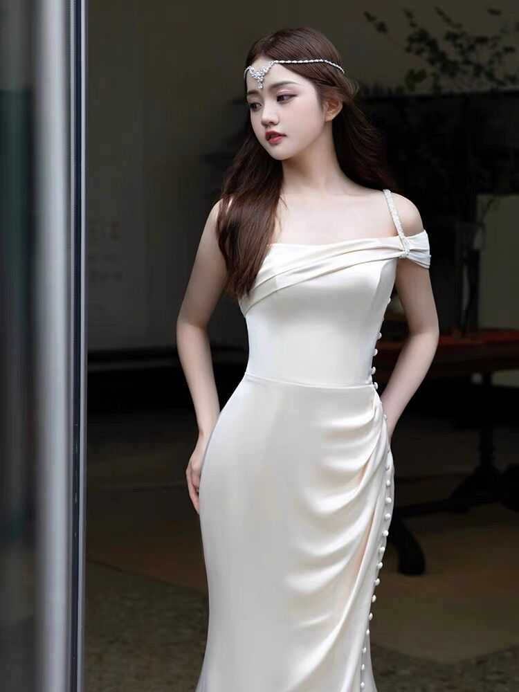 Vintage Mermaid Sleeveless Silk Satin Long Prom Dresses D046
