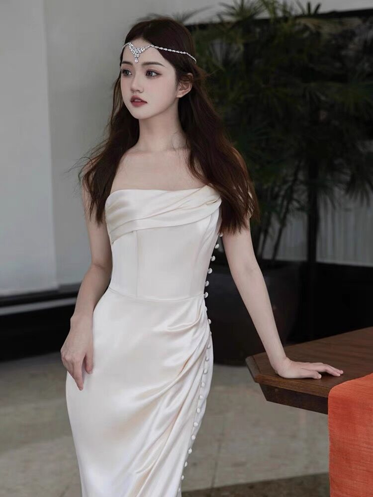 Vintage Mermaid Sleeveless Silk Satin Long Prom Dresses D046