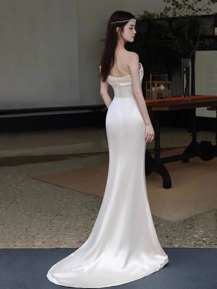 Vintage Mermaid Sleeveless Silk Satin Long Prom Dresses D046