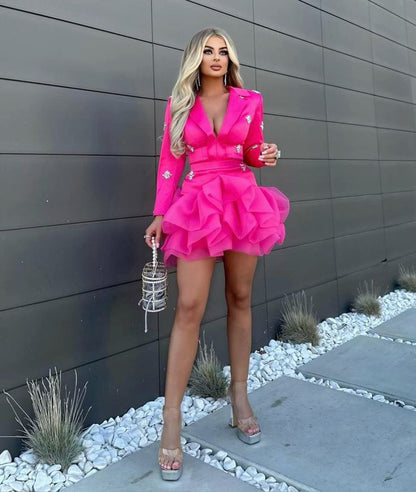 Vintage Long Sleeve Ruffles Homecoming Dress Hot Pink Crystals A-Line Birthday Dress D0470