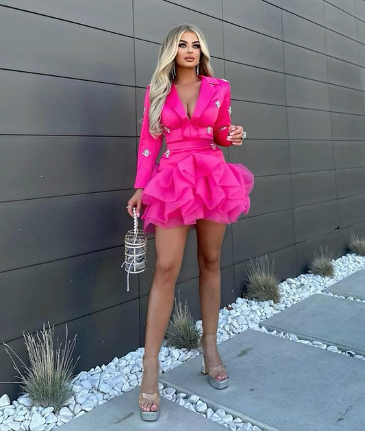 Vintage Long Sleeve Ruffles Homecoming Dress Hot Pink Crystals A-Line Birthday Dress D0470