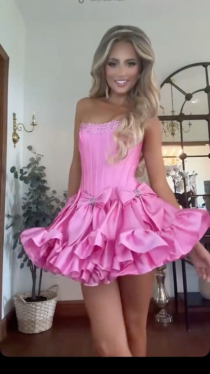 Fascinating Strapless Beads Homecoming Dress Bows Ruffles A-Line Birthday Dress D0472