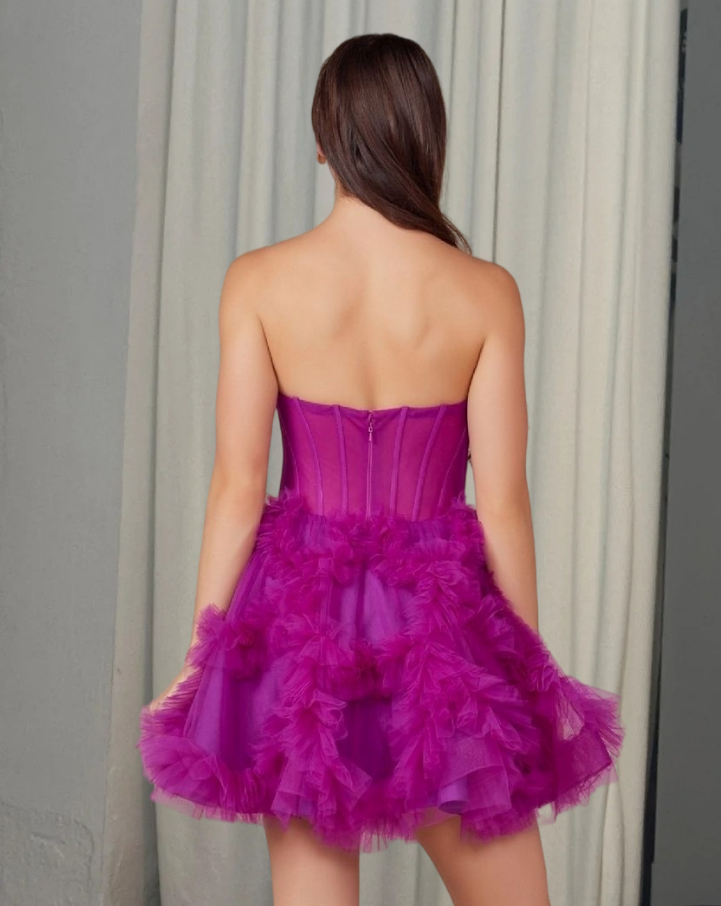 Chic Strapless Ruffles Homecoming Dress Purple Tulle A-Line Birthday Dress D0474