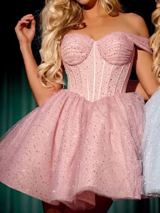 Glamorous Off The Shoulder Homecoming Dress Sequins A-Line Birthday Dress D0475