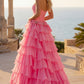Attractive Strapless Beaded Homecoming Dress Bows Slit Tiered A-Line Birthday Dress D0480