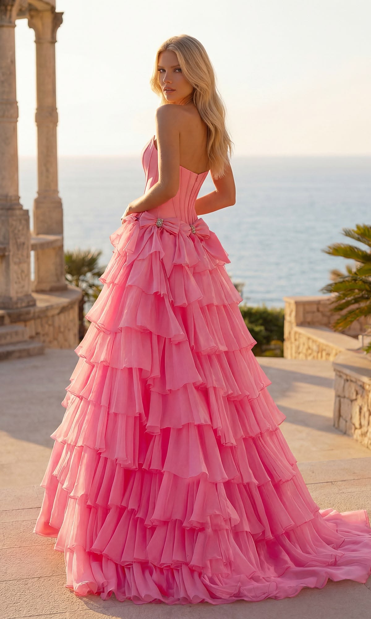 Attractive Strapless Beaded Homecoming Dress Bows Slit Tiered A-Line Birthday Dress D0480