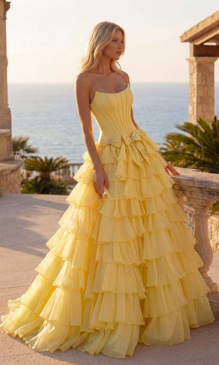 Attractive Strapless Beaded Homecoming Dress Bows Slit Tiered A-Line Birthday Dress D0480