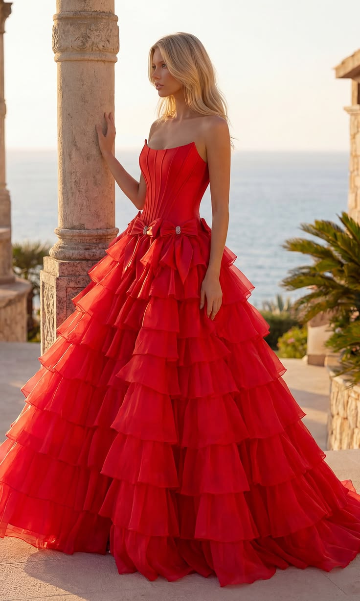 Attractive Strapless Beaded Homecoming Dress Bows Slit Tiered A-Line Birthday Dress D0480