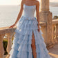 Attractive Strapless Beaded Homecoming Dress Bows Slit Tiered A-Line Birthday Dress D0480