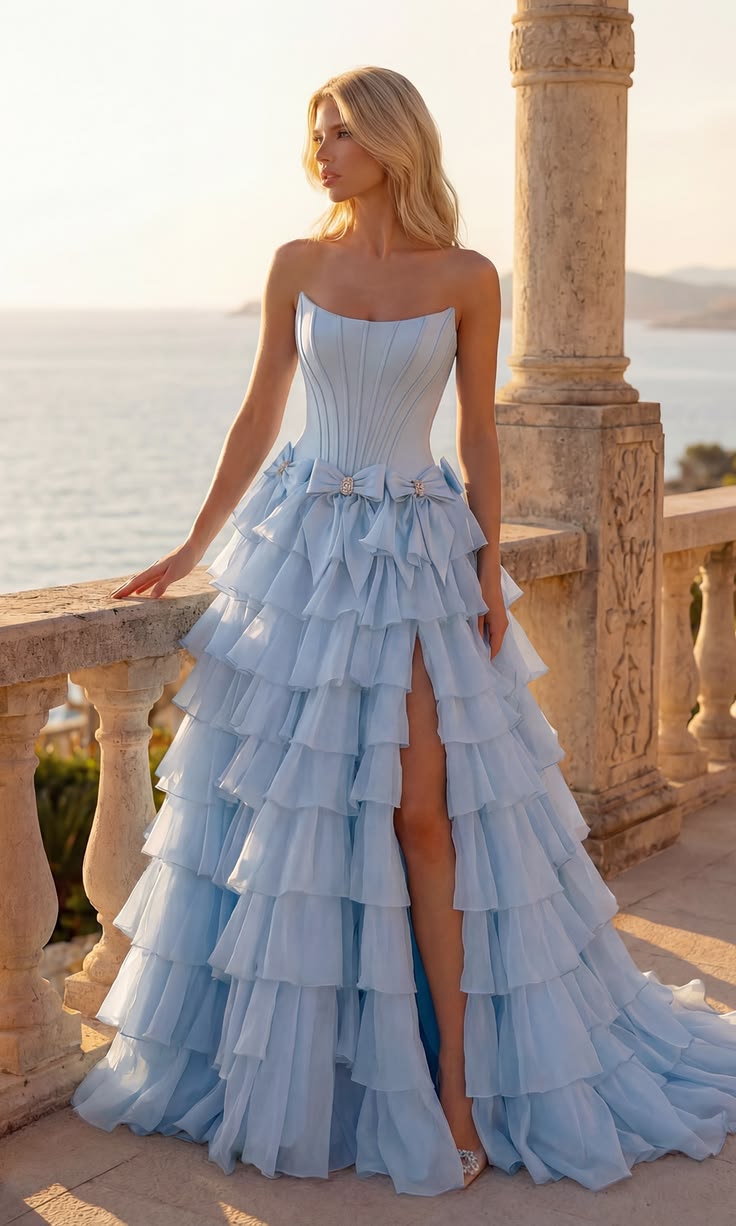 Attractive Strapless Beaded Homecoming Dress Bows Slit Tiered A-Line Birthday Dress D0480