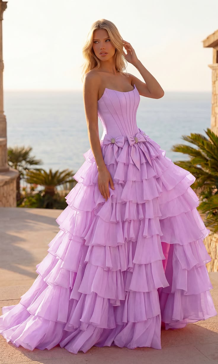 Attractive Strapless Beaded Homecoming Dress Bows Slit Tiered A-Line Birthday Dress D0480