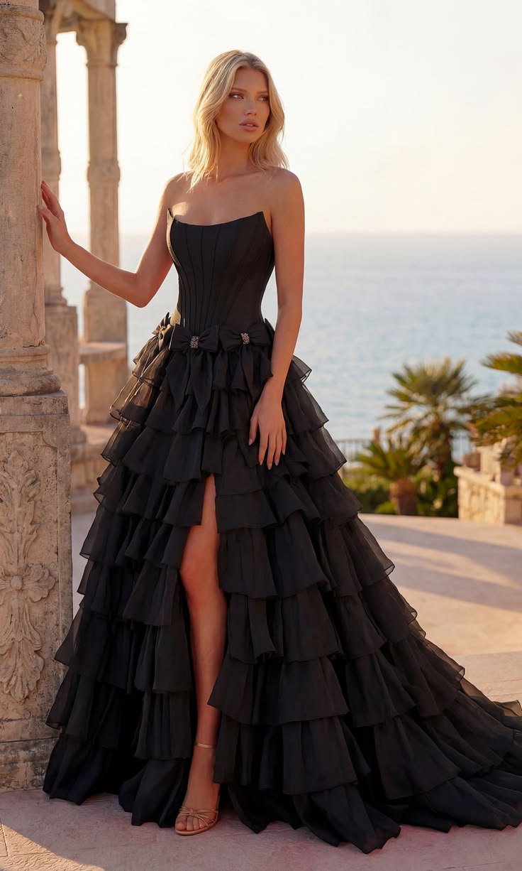 Attractive Strapless Beaded Homecoming Dress Bows Slit Tiered A-Line Birthday Dress D0480