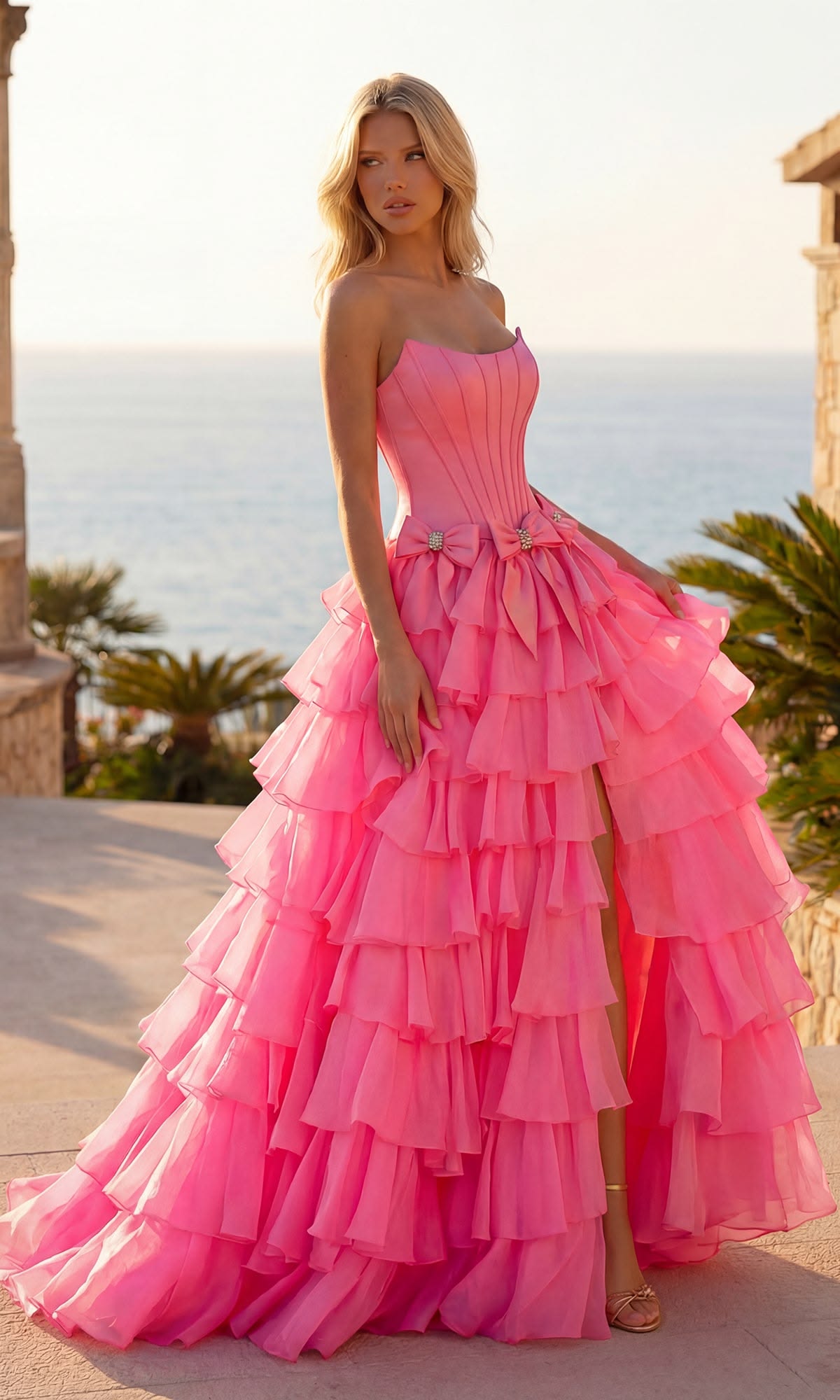 Attractive Strapless Beaded Homecoming Dress Bows Slit Tiered A-Line Birthday Dress D0480