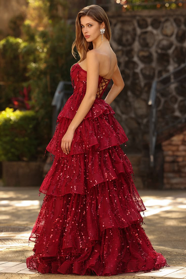 Alluring Strapless Red Homecoming Dress Sequins Tiered A-Line Birthday Dress D0481