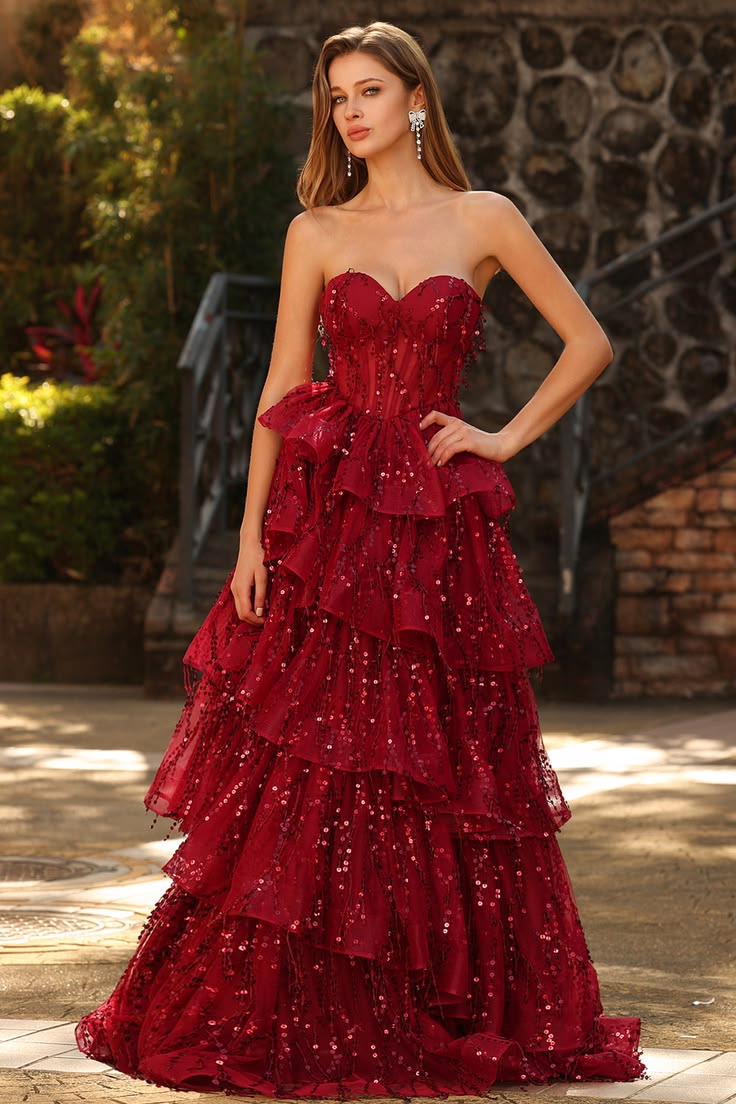 Alluring Strapless Red Homecoming Dress Sequins Tiered A-Line Birthday Dress D0481