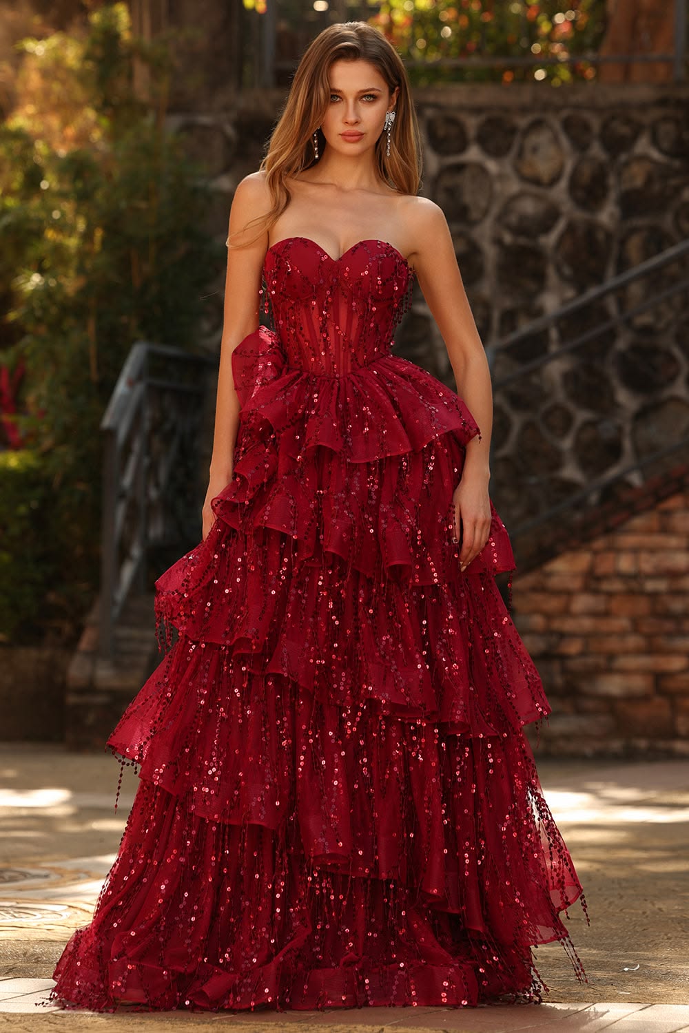 Alluring Strapless Red Homecoming Dress Sequins Tiered A-Line Birthday Dress D0481