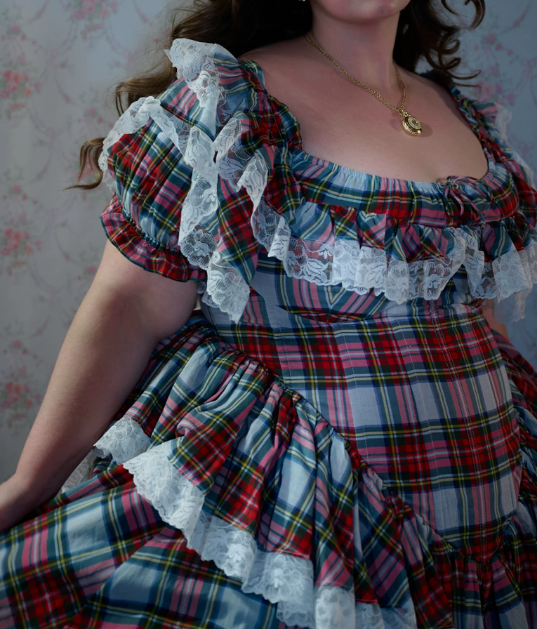 Retro Square Neck Homecoming Dress Ruffles Lace Plaid A-Line Birthday Dress D0483
